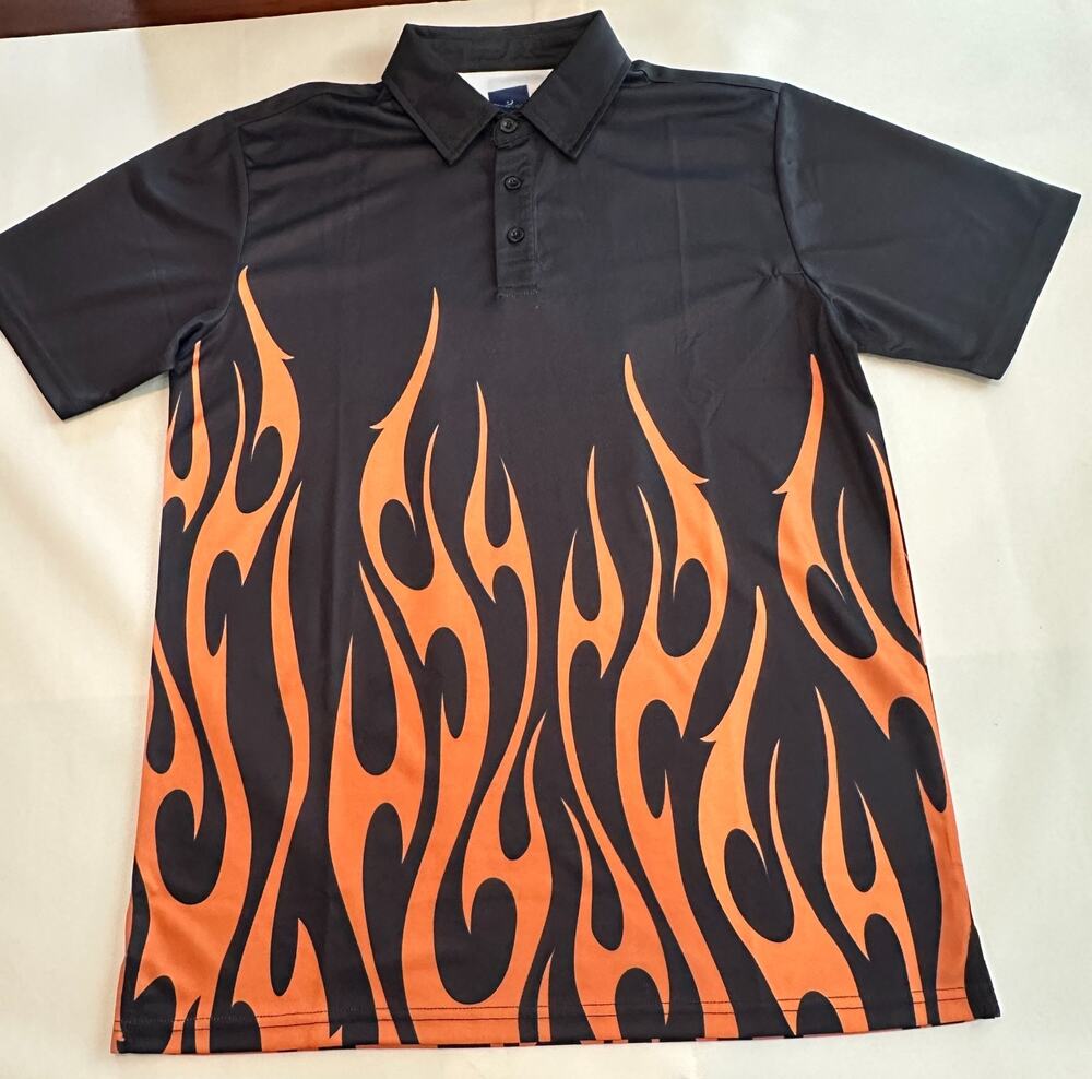 ReadyGOLF Polo Shirt Mens Medium Black Orange Flame Golf Performance Y2K Hot Rod